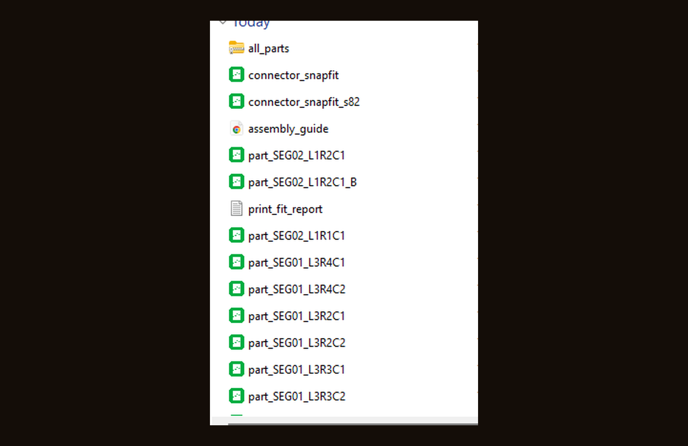 ModularCut output files — one STL per part, connectors, assembly guide and fit report